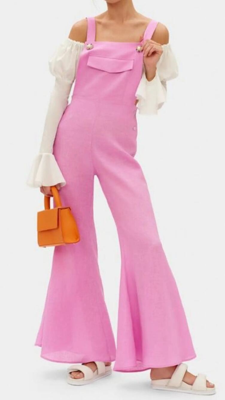 Sleeper Baccara 100% Linen Sleeveless Flare Leg Utilitarian Jumpsuit Pink Small